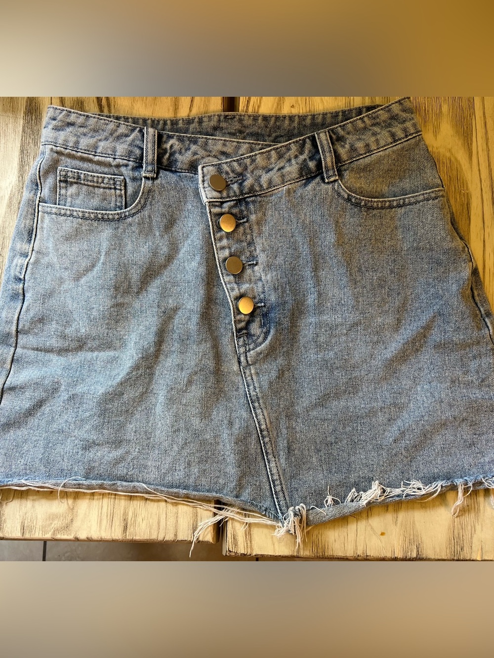 Akaiv Denim Mini Skirt Medium Light Wash Asymmetrical Button Front Raw Hem
